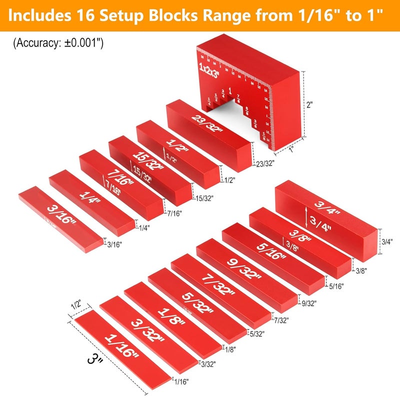 Comfylichi Setup Blocks Height Gauge, 16pcs Precision Aluminum Setup Bars, Router and Table Saw Accessories, Woodworking Tools for Easily Set Fence, Blade, Drill Height, with Storage Case - Image 2